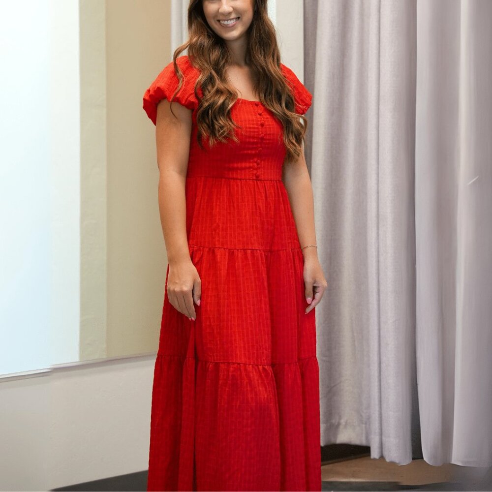 NWT - Apricot Self Check Tiered Midaxi Dress in Cherry Red